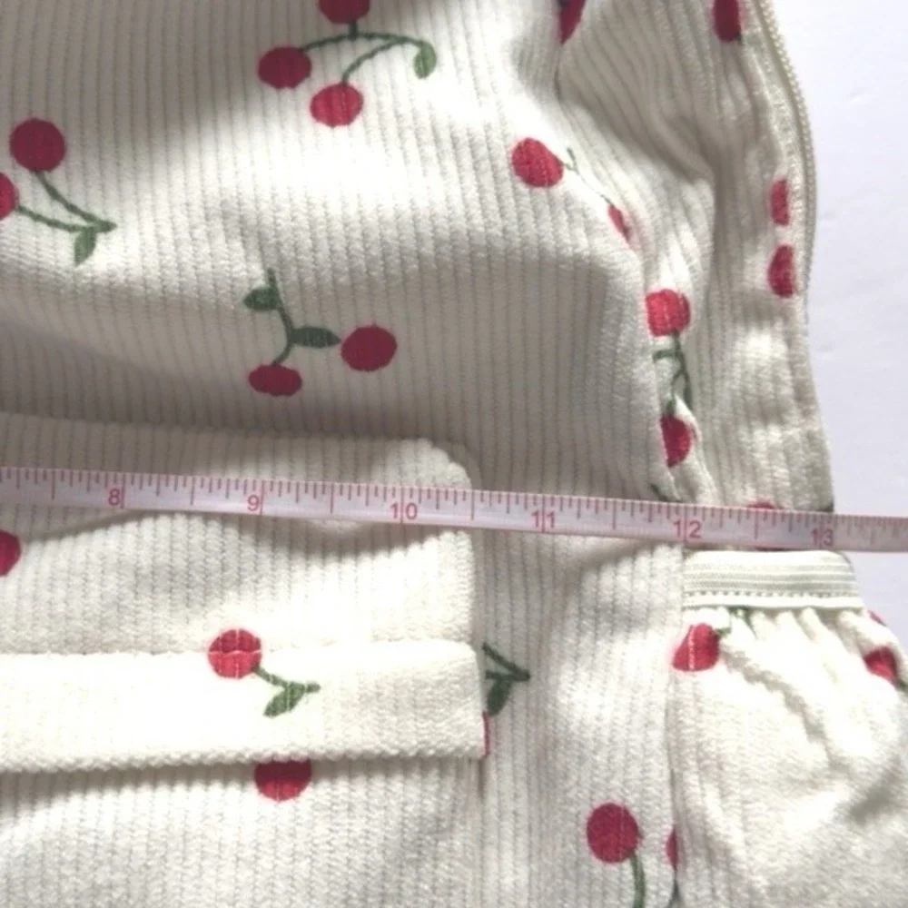Women's White Ribbed Cherry Print Backpack Cute Aesthetic Casual School Bag
